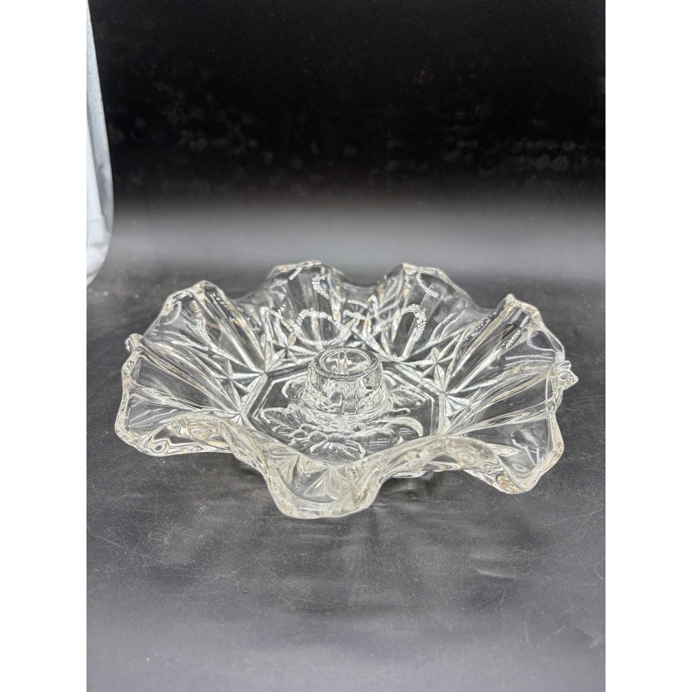Vintage Clear Pressed Glass Ruffled Edge Candlestick Holder Starburst Rose Base